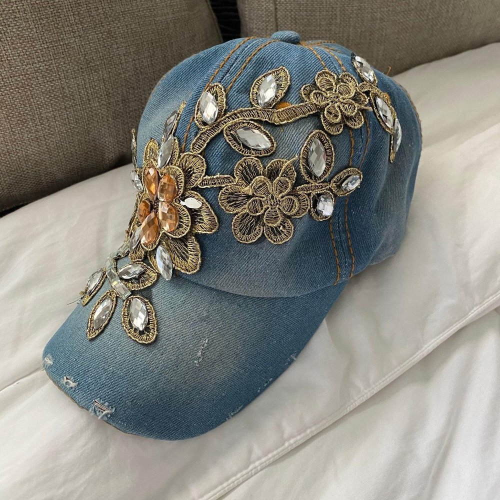 [ SOLD ] Rhinestone Distressed Denim Cap - Picture 3 of 7